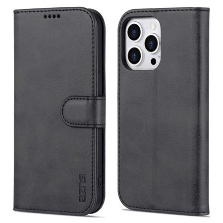 AZNS - iPhone 15 Pro Hülle - Leder Bookcover - mit Kartenfach und Standfunktion - Wallet Stand Series - schwarz