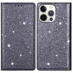 iPhone 15 Pro Hülle - Glitzerndes Leder Bookcover - Glitter Sequins Stand Series - grau