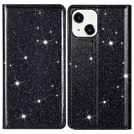 iPhone 15 Hülle - Glitzerndes Leder Bookcover - Glitter Sequins Stand Series - schwarz