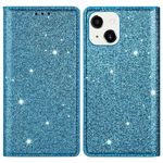 iPhone 15 Hülle - Glitzerndes Leder Bookcover - Glitter Sequins Stand Series - blau