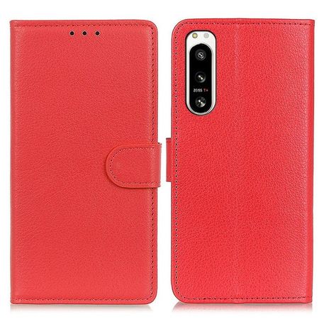Sony Xperia 5 IV 5G Handy Hülle - Litchi Leder Bookcover Series - rot