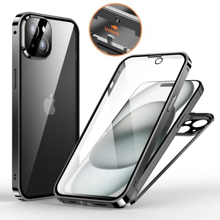 iPhone 15 Plus Hülle - 360 Grad PanzerGlas Alu Case mit Verriegelungsmechanismus - schwarz