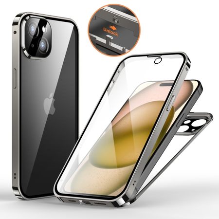 iPhone 15 Plus Hülle - 360 Grad PanzerGlas Alu Case mit Verriegelungsmechanismus - grau