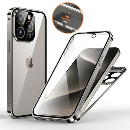 iPhone 15 Pro Hülle - 360 Grad PanzerGlas Alu Case mit Verriegelungsmechanismus - grau