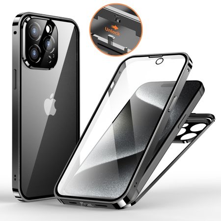 iPhone 15 Pro Max Hülle - 360 Grad PanzerGlas Alu Case mit Verriegelungsmechanismus - schwarz
