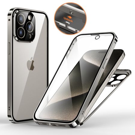 iPhone 15 Pro Max Hülle - 360 Grad PanzerGlas Alu Case mit Verriegelungsmechanismus - grau
