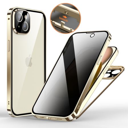 iPhone 15 Hülle - 360 Grad PanzerGlas Alu Case mit Verriegelungsmechanismus - Privacy Glas - champagner