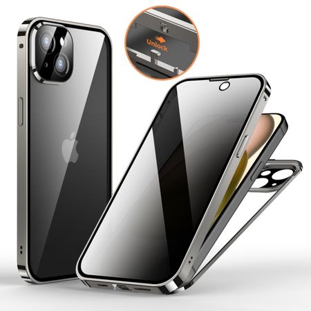 iPhone 15 Hülle - 360 Grad PanzerGlas Alu Case mit Verriegelungsmechanismus - Privacy Glas - grau