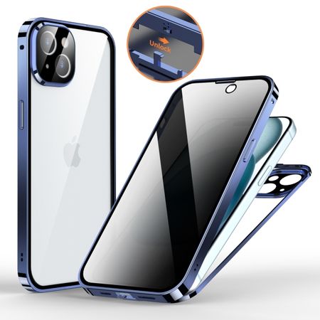 iPhone 15 Hülle - 360 Grad PanzerGlas Alu Case mit Verriegelungsmechanismus - Privacy Glas - navy