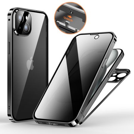 iPhone 15 Plus Hülle - 360 Grad PanzerGlas Alu Case mit Verriegelungsmechanismus - Privacy Glas - schwarz