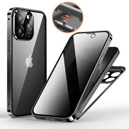 iPhone 15 Pro Max Hülle - 360 Grad PanzerGlas Alu Case mit Verriegelungsmechanismus - Privacy Glas - schwarz