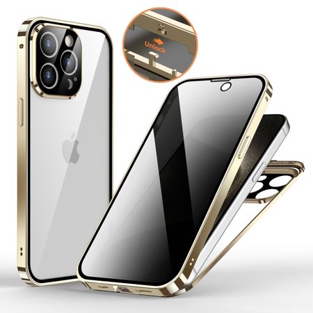 iPhone 15 Pro Max Hülle - 360 Grad PanzerGlas Alu Case mit Verriegelungsmechanismus - Privacy Glas - champagner