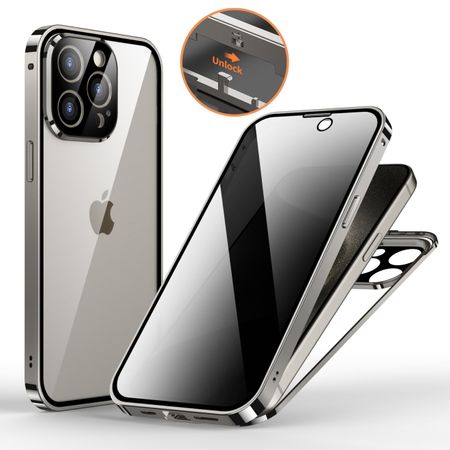 iPhone 15 Pro Max Hülle - 360 Grad PanzerGlas Alu Case mit Verriegelungsmechanismus - Privacy Glas - grau