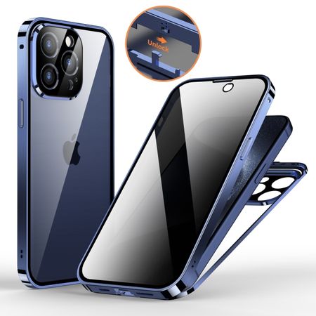 iPhone 15 Pro Max Hülle - 360 Grad PanzerGlas Alu Case mit Verriegelungsmechanismus - Privacy Glas - navy