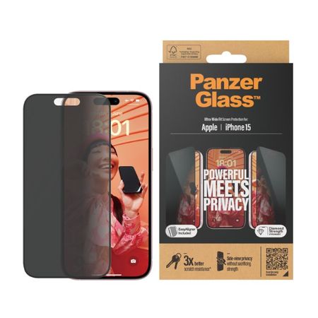 PanzerGlass - iPhone 15 Displayschutz aus gehärtetem Glas - Privacy Ultra Wide Fit (P2809) - schwarz