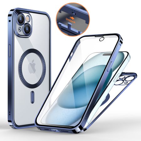 iPhone 15 Hülle - 360 Grad PanzerGlas Alu Case mit Verriegelungsmechanismus - MagSafe kompatibel - blau