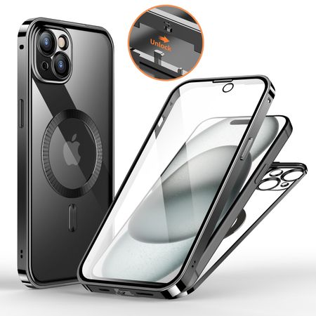 iPhone 15 Plus Hülle - 360 Grad PanzerGlas Alu Case mit Verriegelungsmechanismus - MagSafe kompatibel - schwarz
