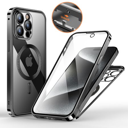 iPhone 15 Pro Max Hülle - 360 Grad PanzerGlas Alu Case mit Verriegelungsmechanismus - MagSafe kompatibel - schwarz