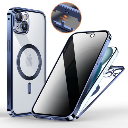 iPhone 15 Hülle - 360 Grad PanzerGlas Alu Case mit Verriegelungsmechanismus - Privacy Glas - MagSafe kompatibel - blau