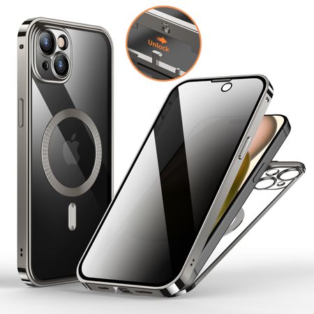 iPhone 15 Hülle - 360 Grad PanzerGlas Alu Case mit Verriegelungsmechanismus - Privacy Glas - MagSafe kompatibel - silber