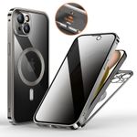 iPhone 15 Hülle - 360 Grad PanzerGlas Alu Case mit Verriegelungsmechanismus - Privacy Glas - MagSafe kompatibel - silber