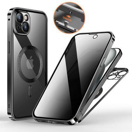 iPhone 15 Plus Hülle - 360 Grad PanzerGlas Alu Case mit Verriegelungsmechanismus - Privacy Glas - MagSafe kompatibel - schwarz