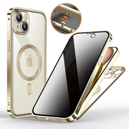 iPhone 15 Plus Hülle - 360 Grad PanzerGlas Alu Case mit Verriegelungsmechanismus - Privacy Glas - MagSafe kompatibel - champagnerfarben