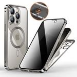 iPhone 15 Pro Hülle - 360 Grad PanzerGlas Alu Case mit Verriegelungsmechanismus - Privacy Glas - MagSafe kompatibel - silber