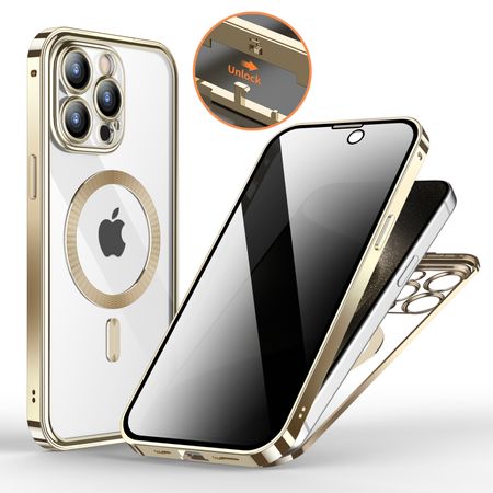 iPhone 15 Pro Max Hülle - 360 Grad PanzerGlas Alu Case mit Verriegelungsmechanismus - Privacy Glas - MagSafe kompatibel - champagnerfarben