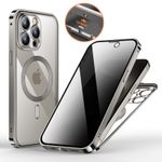 iPhone 15 Pro Max Hülle - 360 Grad PanzerGlas Alu Case mit Verriegelungsmechanismus - Privacy Glas - MagSafe kompatibel - silber