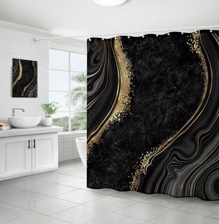 Duschvorhang (180x180 cm) - inkl. Duschstangen Ringe - Bath Marble Series - schwarz/gold