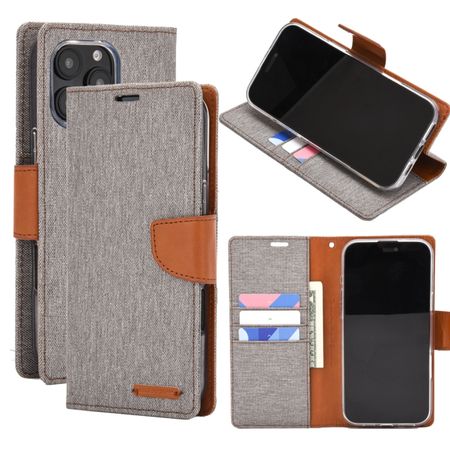 Goospery - iPhone 16 Pro Max Hülle - Bookcover - Canvas Diary Series - grau/camel