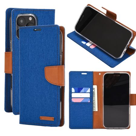 Goospery - iPhone 16 Pro Max Hülle - Bookcover - Canvas Diary Series - blau/camel