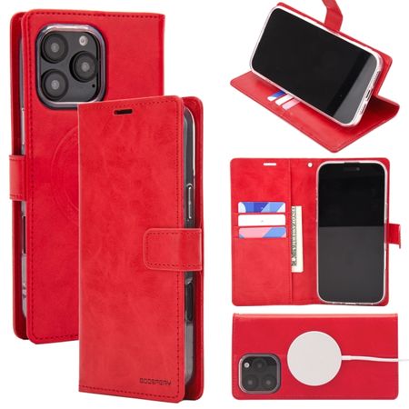 Goospery - iPhone 16 Pro Max Hülle - Leder Bookcover - Bluemoon Diary MagSafe Series - rot