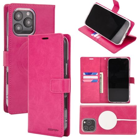 Goospery - iPhone 16 Pro Max Hülle - Leder Bookcover - Bluemoon Diary MagSafe Series - hotpink