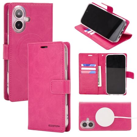 Goospery - iPhone 16 Hülle - Leder Bookcover - Bluemoon Diary MagSafe Series - hotpink