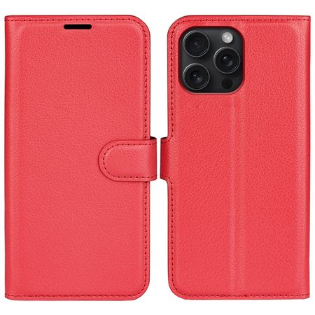 iPhone 16 Pro Max Handy Hülle - Litchi Leder Bookcover Series - rot