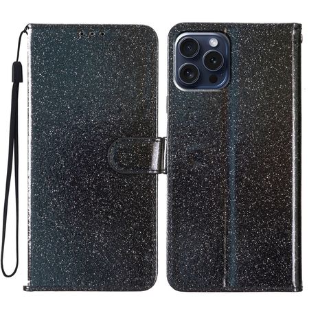 iPhone 16 Pro Max Handy Hülle - Glitzer Leder Bookcover - PU Leather Bling Series - schwarz