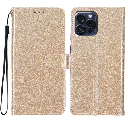 iPhone 16 Pro Max Handy Hülle - Glitzer Leder Bookcover - PU Leather Bling Series - gold