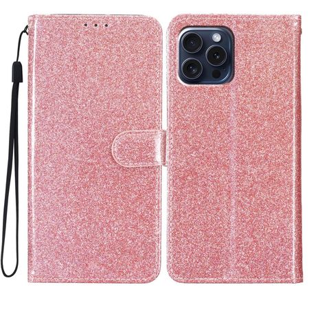 iPhone 16 Pro Max Handy Hülle - Glitzer Leder Bookcover - PU Leather Bling Series - rosegold