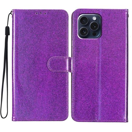 iPhone 16 Pro Max Handy Hülle - Glitzer Leder Bookcover - PU Leather Bling Series - purpur