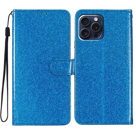 iPhone 16 Pro Max Handy Hülle - Glitzer Leder Bookcover - PU Leather Bling Series - blau