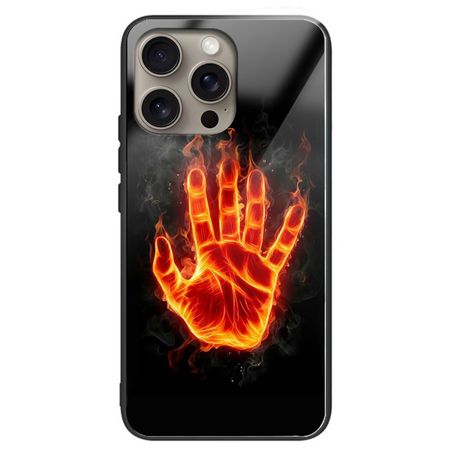 iPhone 16 Pro Max Hülle - Gehärtetes Glas Hardcase mit Soft TPU Ränder - brennende Hand