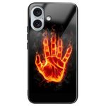 iPhone 16 Hülle - Gehärtetes Glas Hardcase mit Soft TPU Ränder - brennende Hand