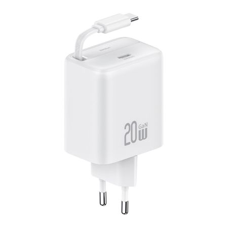 USAMS - GaN Dual Schnellladegerät (20W PD 3.0) mit USB-C Port & einziehbarem USB-C Kabel (80 cm) - weiss