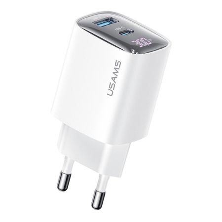 USAMS - GaN Dual Schnellladegerät (30W PD 3.0 & QC 3.0) Digital Display mit USB-C und USB-A Port - weiss