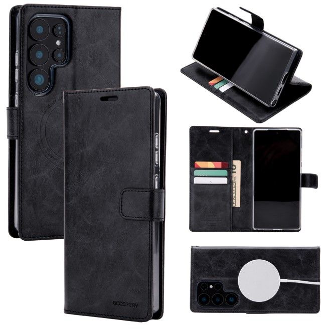 Goospery - Samsung Galaxy S25 Ultra Hülle - Leder Bookcover - Bluemoon Diary MagSafe Series - schwarz